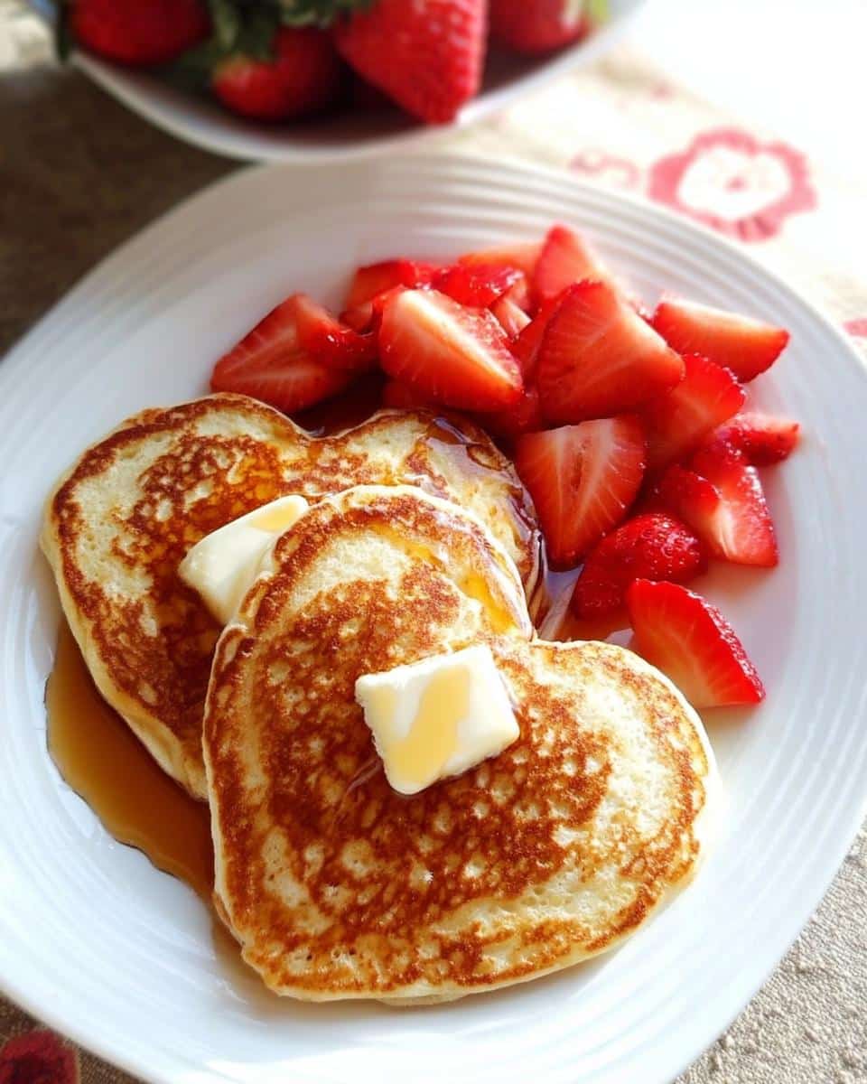 Close-up of two golden Heart Pancakes Valentine Breakfast topped with melting butter and syrup, served with fresh sliced strawberries.