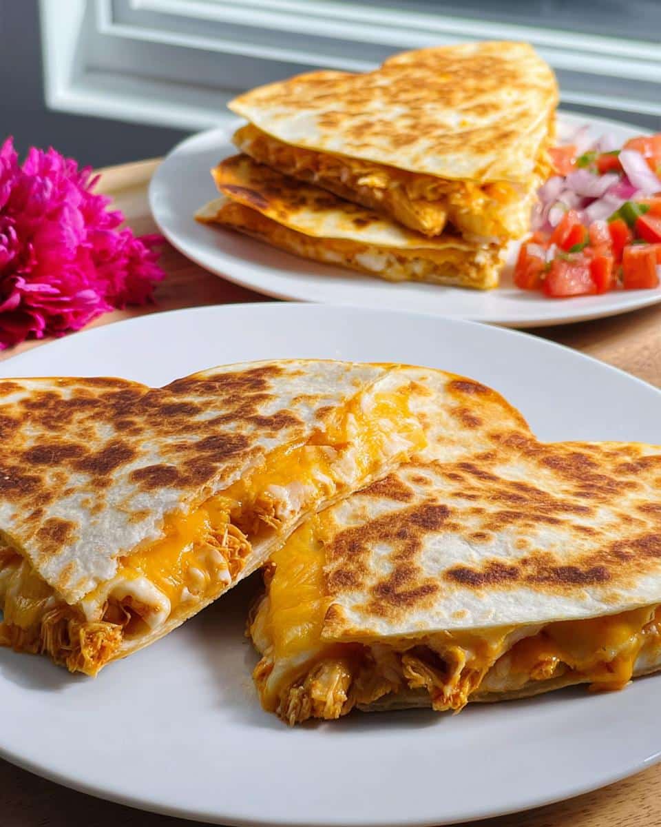 Close-up of two halves of a Heart-Shaped Chicken Quesadilla showing melted cheese and shredded chicken filling.