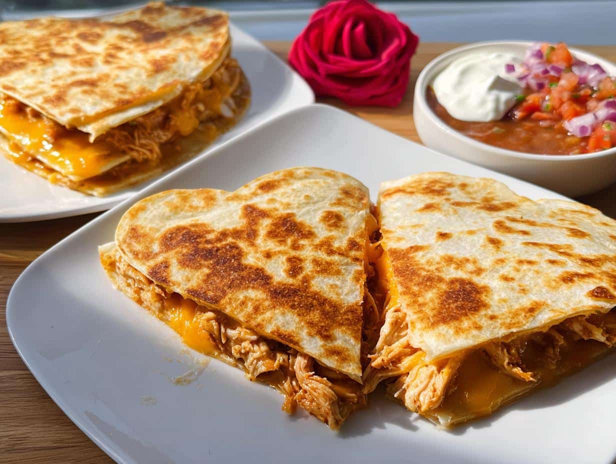 Two halves of a golden-brown Heart-Shaped Chicken Quesadilla filled with shredded chicken and melted cheddar cheese.