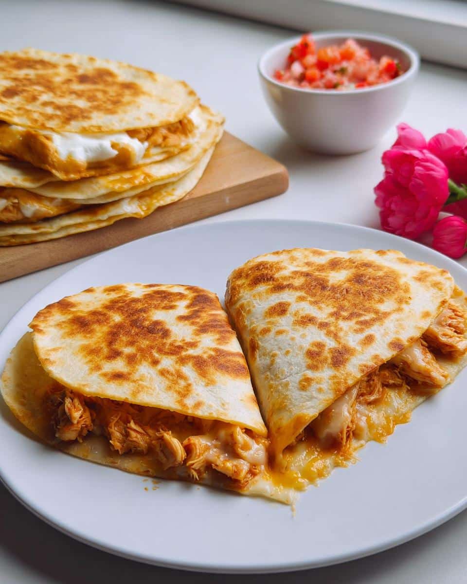Two halves of golden-brown Heart-Shaped Chicken Quesadillas filled with shredded chicken and melted cheese, served on a white plate.
