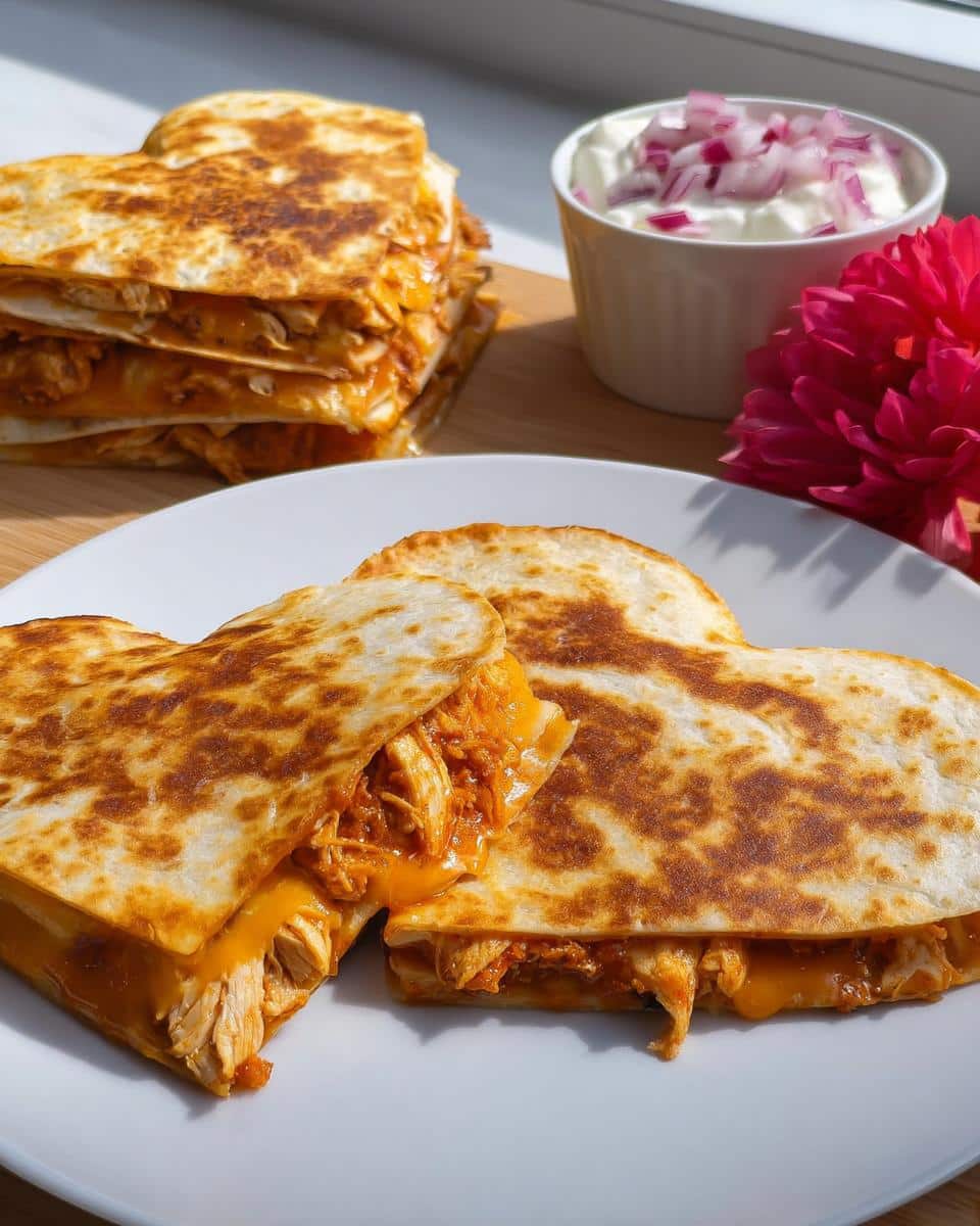 Close-up of two Heart-Shaped Chicken Quesadillas cut open, showing melted cheese and shredded chicken filling.