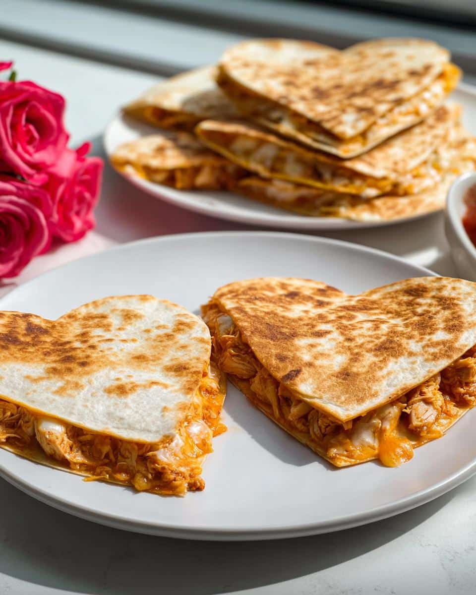 Two heart-shaped chicken quesadillas filled with melted cheese and shredded chicken on a white plate.