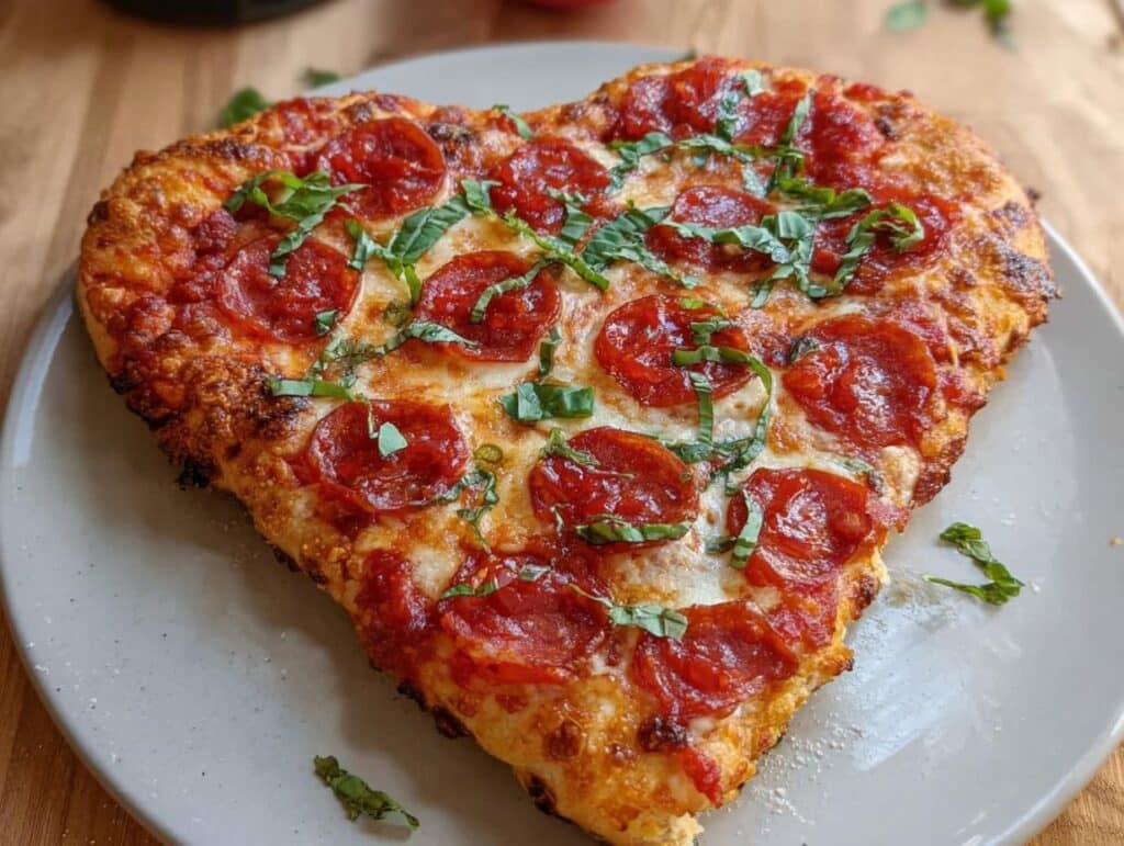 Close-up of a baked pepperoni Heart-Shaped Pizza for Valentine’s Day, topped with melted cheese and fresh basil.