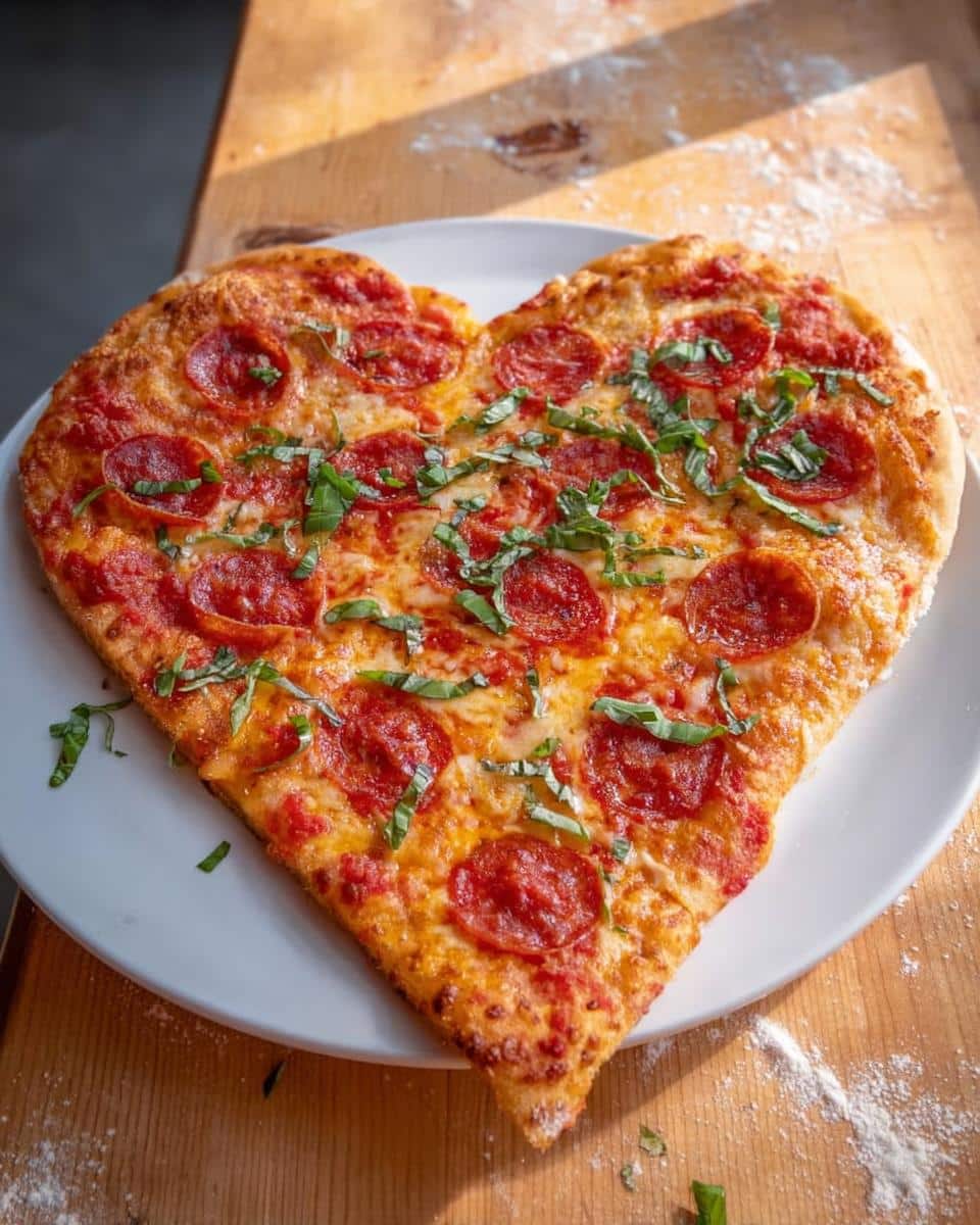 A freshly baked pepperoni Heart-Shaped Pizza for Valentine’s Day, garnished with fresh basil, sitting on a white plate.
