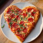 A freshly baked Heart-Shaped Pizza for Valentine’s Day topped with pepperoni, mozzarella, and fresh basil.