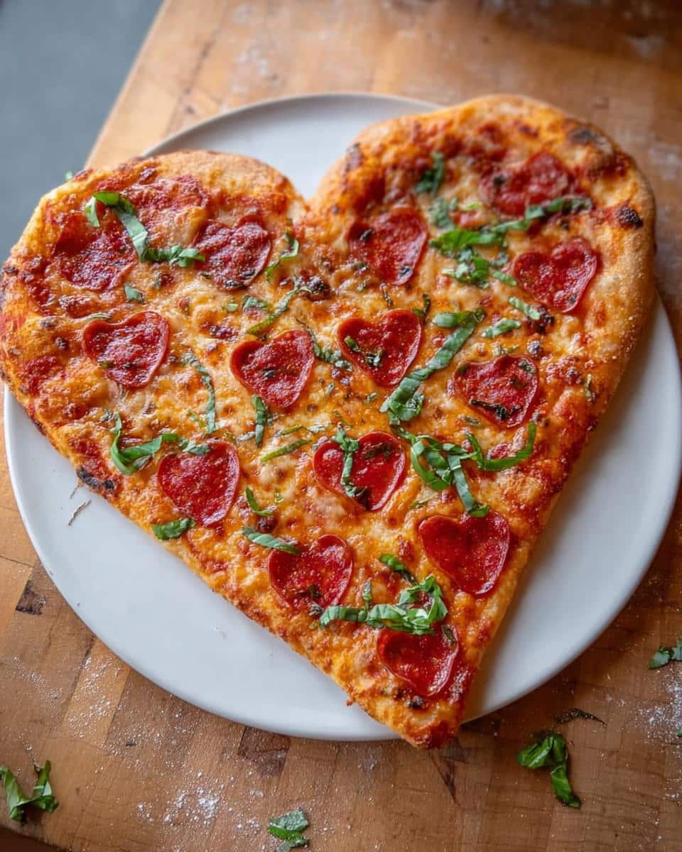 A freshly baked Heart-Shaped Pizza for Valentine’s Day topped with heart-shaped pepperoni and fresh basil.