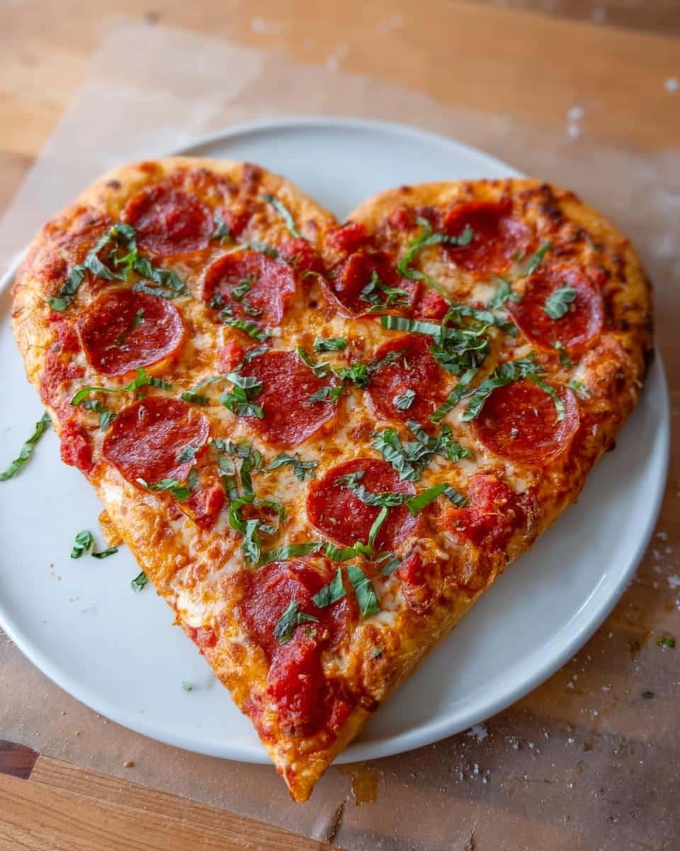 A freshly baked pepperoni pizza shaped like a heart for Valentine’s Day, topped with basil.