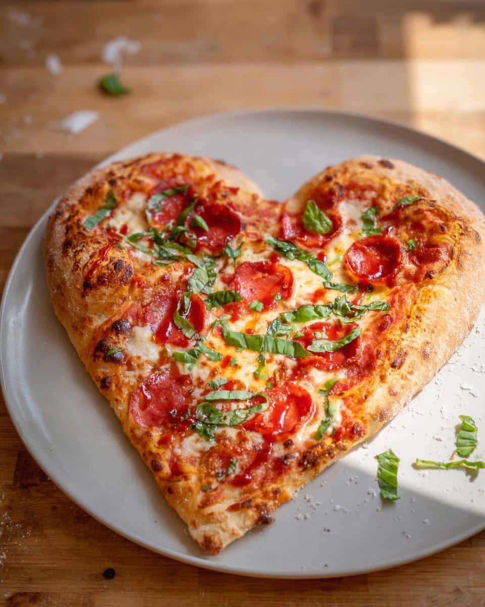 A freshly baked pepperoni and basil pizza shaped like a heart, served on a light gray plate.