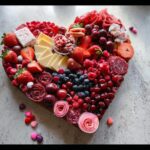 A vibrant, heart-shaped Valentine Charcuterie Board overflowing with red berries, cheese slices, salami, and cherries.