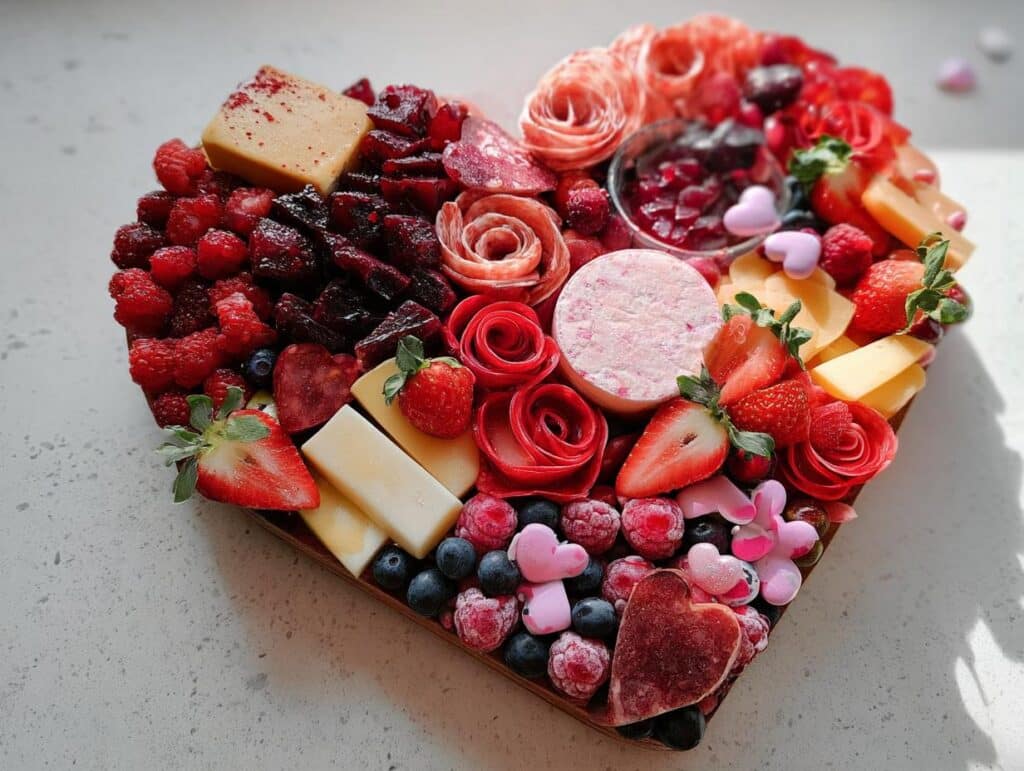 A beautiful heart-shaped Valentine Charcuterie Board filled with red and pink fruits, cheeses, and cured meats.