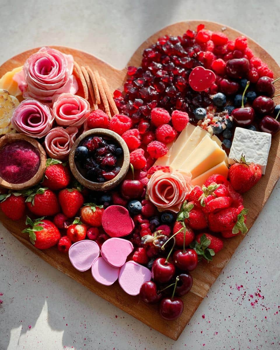 A heart-shaped Valentine Charcuterie Board overflowing with red berries, cherries, cheese slices, and pink meat roses.