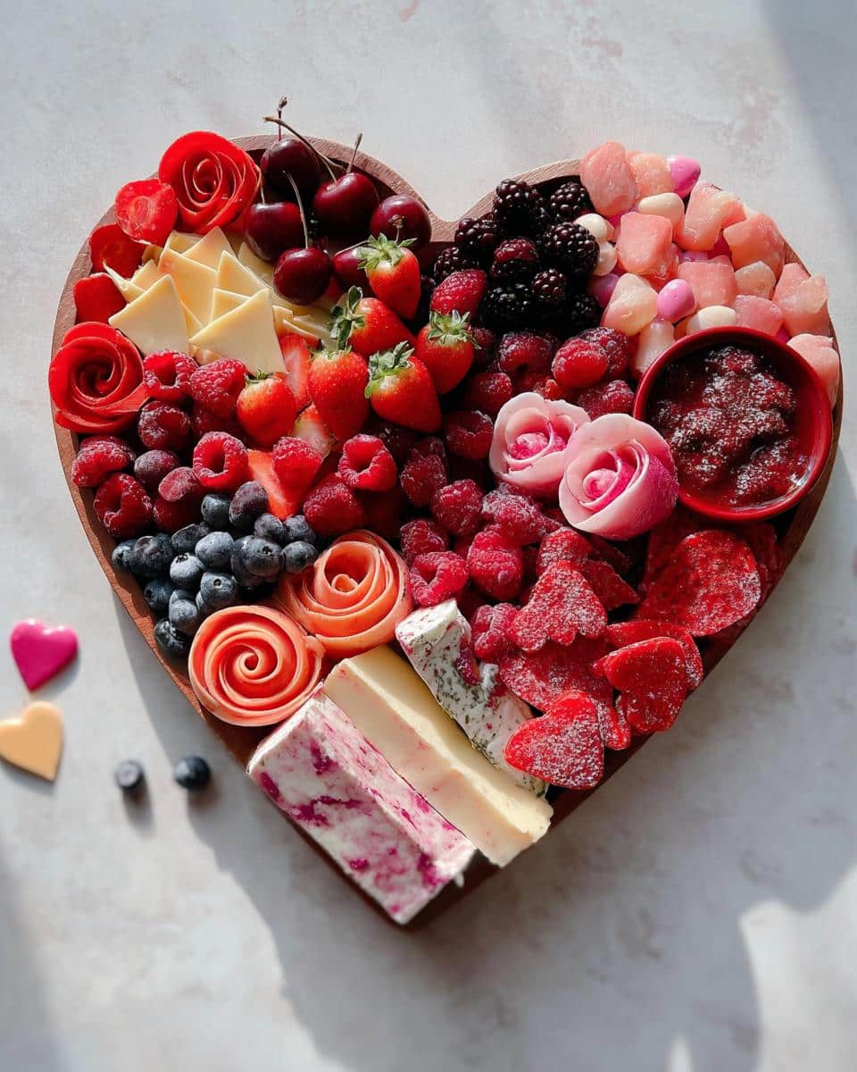 Overhead view of a heart-shaped Valentine Charcuterie Board filled with red and pink fruits, cheeses, and jam.
