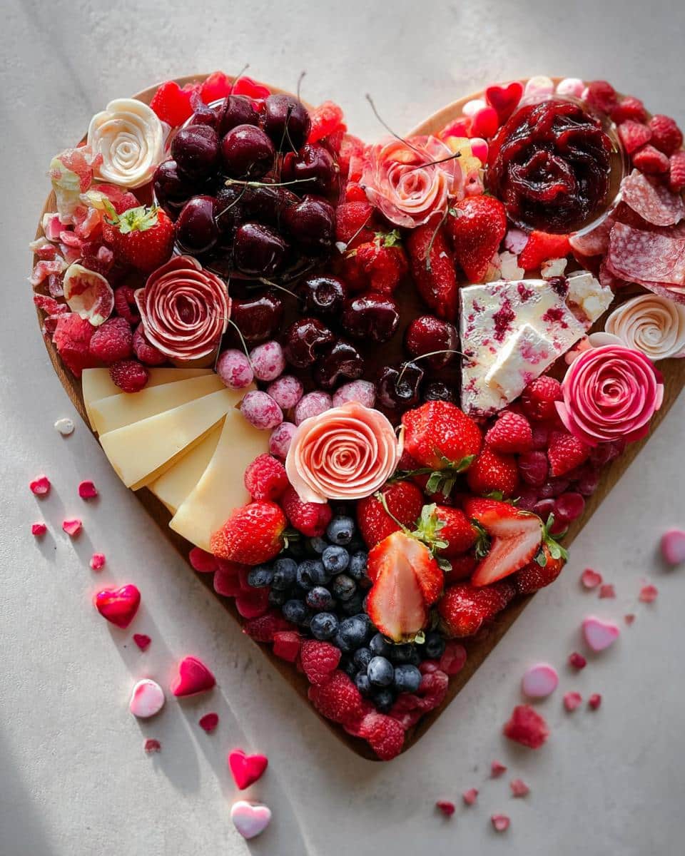 A beautifully arranged, heart-shaped Valentine Charcuterie Board filled with fresh berries, cheese, salami, and chocolate roses.
