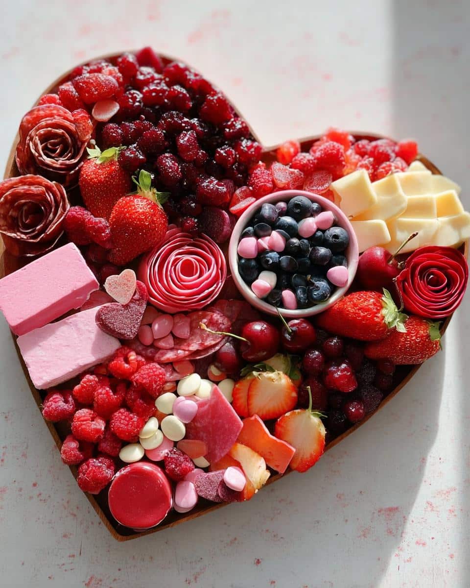 A vibrant, heart-shaped Valentine Charcuterie Board filled with red and pink berries, cheese, cured meats, and pink candies.