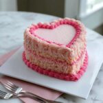 A heart-shaped Vintage Valentine Cake decorated with pink and peach rosette frosting on a white plate.