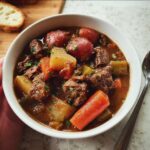 A close-up of a white bowl filled with rich Hearty Crockpot Stew featuring beef chunks, red potatoes, carrots, and celery.