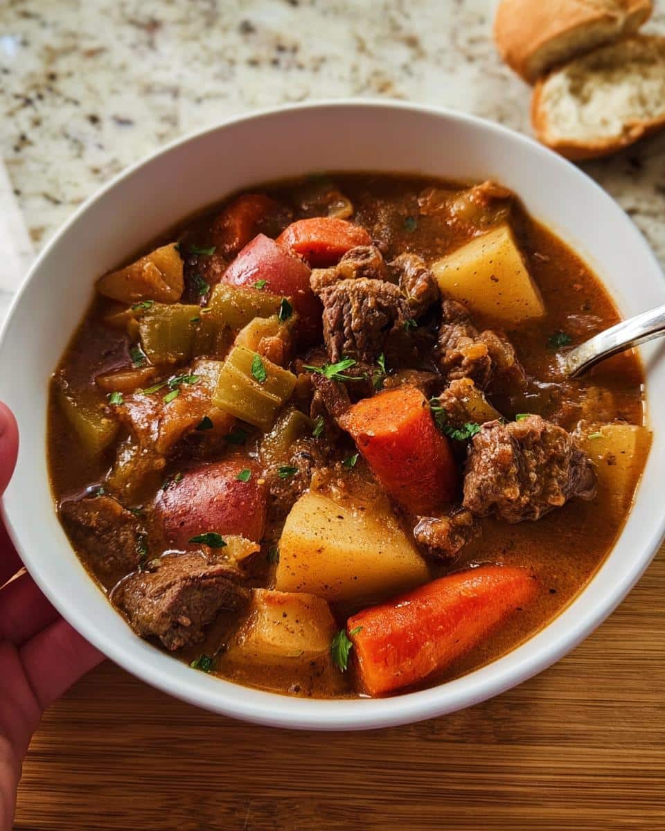 Close-up of a bowl filled with rich, savory Hearty Crockpot Stew featuring chunks of beef, carrots, and potatoes.