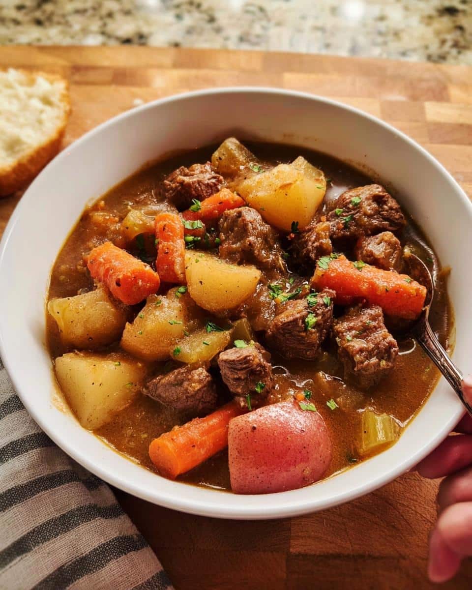 A close-up of a white bowl filled with Hearty Crockpot Stew featuring chunks of beef, carrots, and potatoes, garnished with parsley.