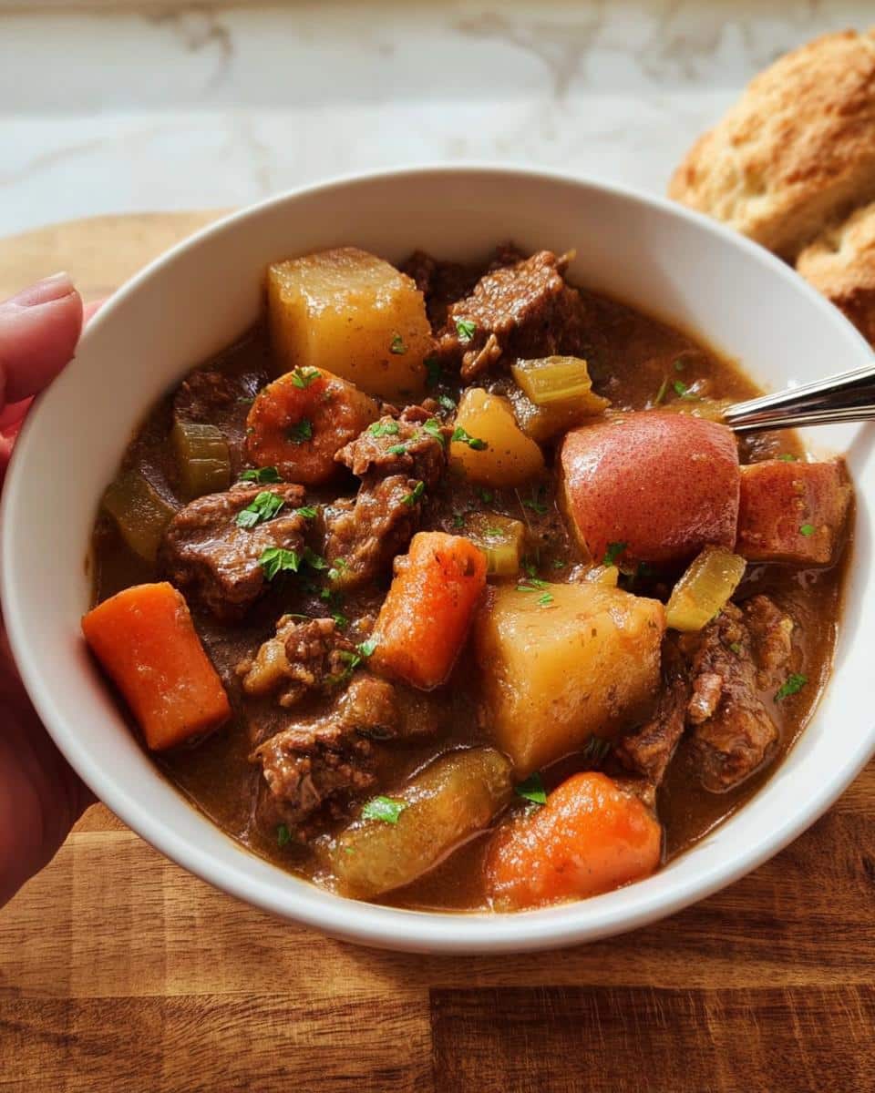 A close-up of a white bowl filled with Hearty Crockpot Stew featuring chunks of beef, carrots, potatoes, and celery.
