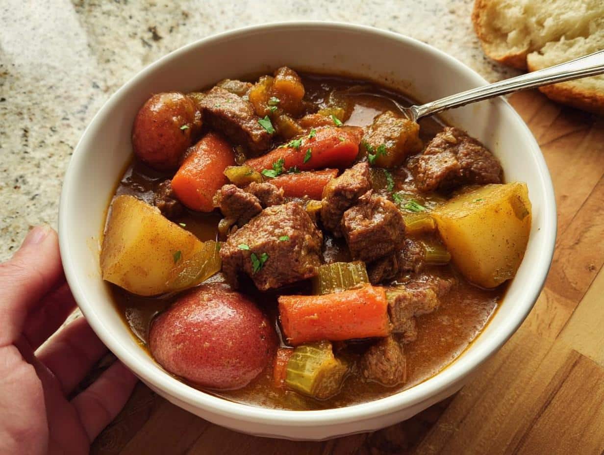 A close-up view of a white bowl filled with rich, savory Hearty Crockpot Stew featuring chunks of beef, carrots, potatoes, and celery.