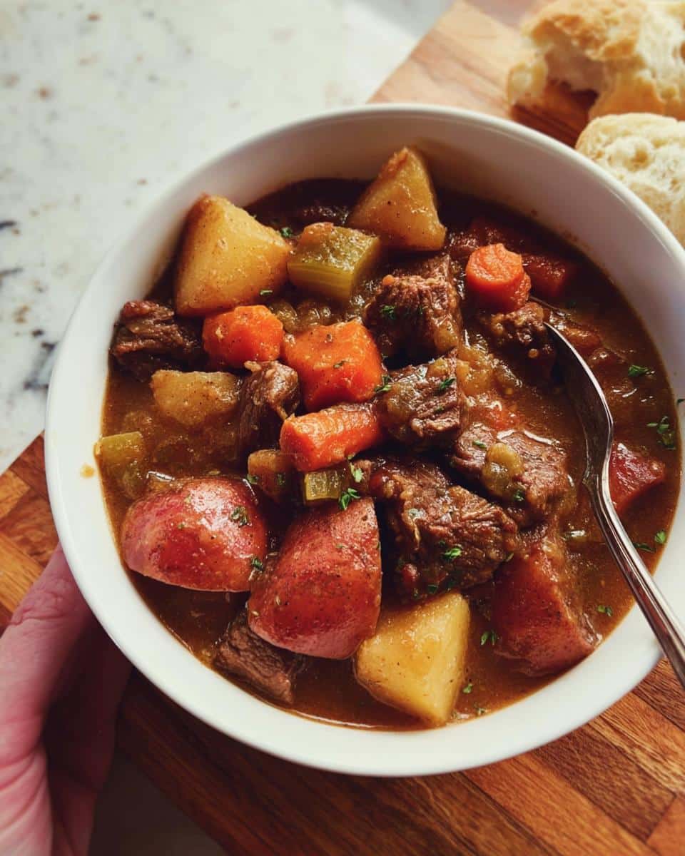 A close-up of a white bowl filled with Hearty Crockpot Stew featuring beef, red potatoes, carrots, and celery.
