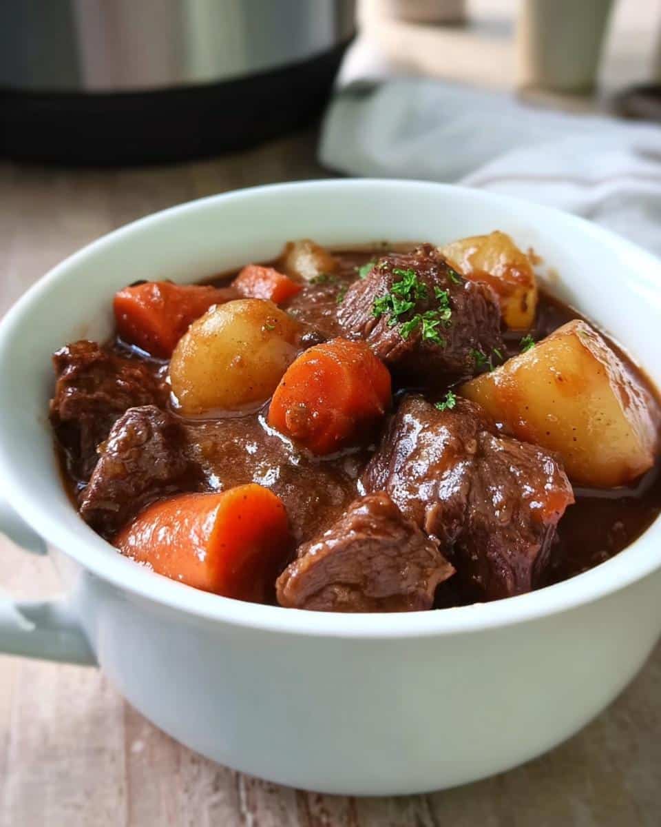 A close-up of a white bowl filled with rich, dark Slow Cooker Stew featuring tender beef chunks, carrots, and potatoes.