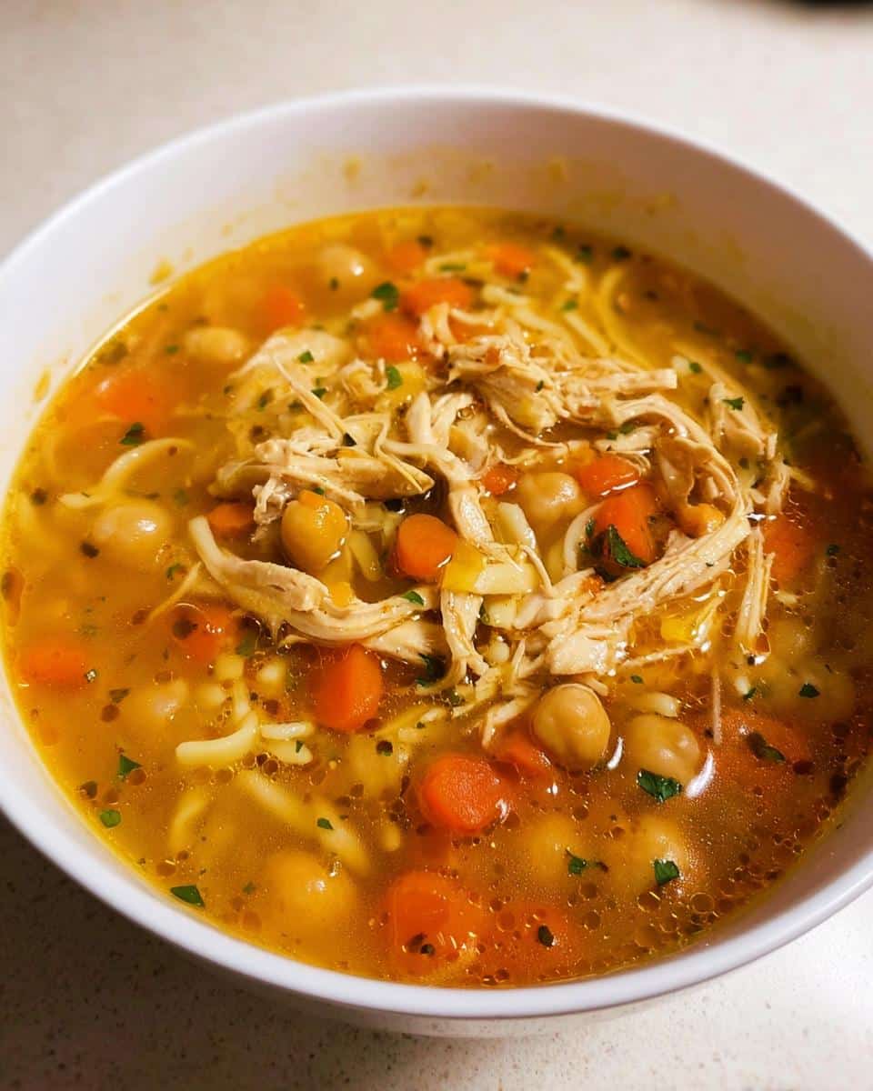 A close-up bowl filled with High Protein Chicken Vegetable Soup featuring shredded chicken, chickpeas, carrots, and noodles.