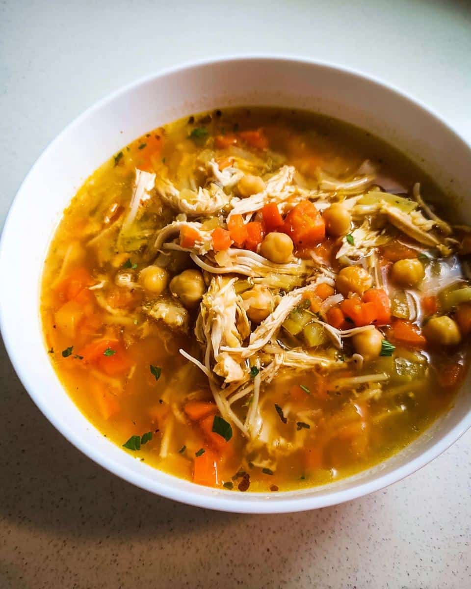 A close-up of a white bowl filled with High Protein Chicken Vegetable Soup, featuring shredded chicken, carrots, and chickpeas in a savory broth.