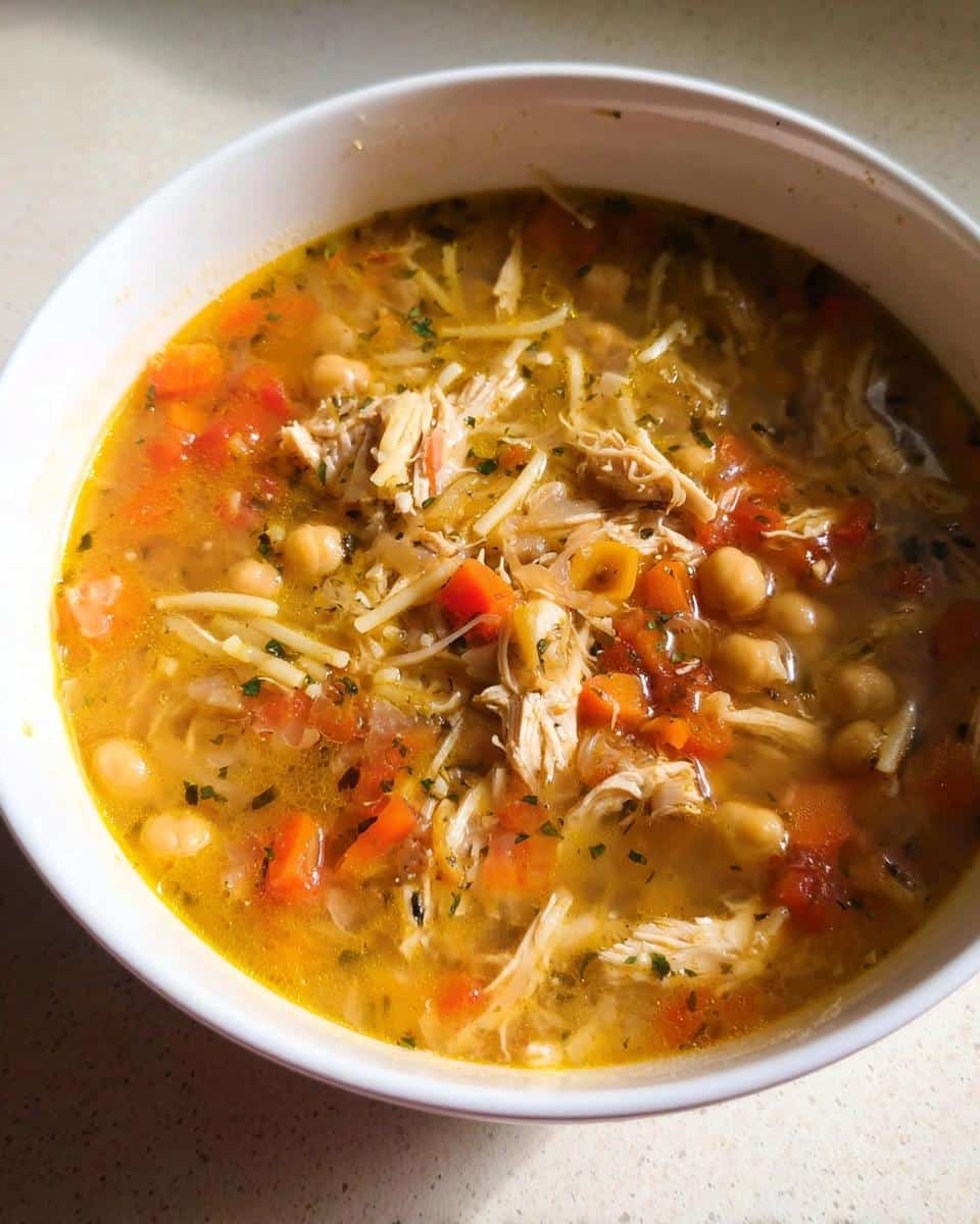 Close-up of a white bowl filled with High Protein Chicken Vegetable Soup, featuring shredded chicken, chickpeas, carrots, and noodles.