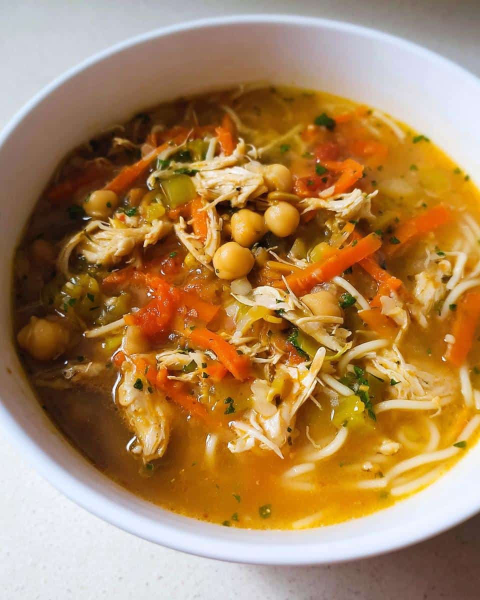 Close-up of a white bowl filled with High Protein Chicken Vegetable Soup, featuring shredded chicken, carrots, chickpeas, and noodles.