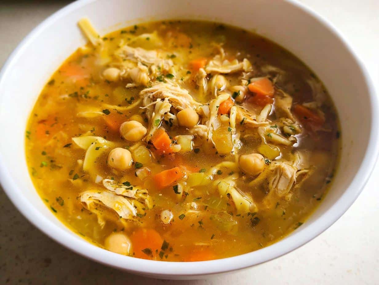 Close-up of a hearty bowl of High Protein Chicken Vegetable Soup featuring shredded chicken, carrots, chickpeas, and noodles.