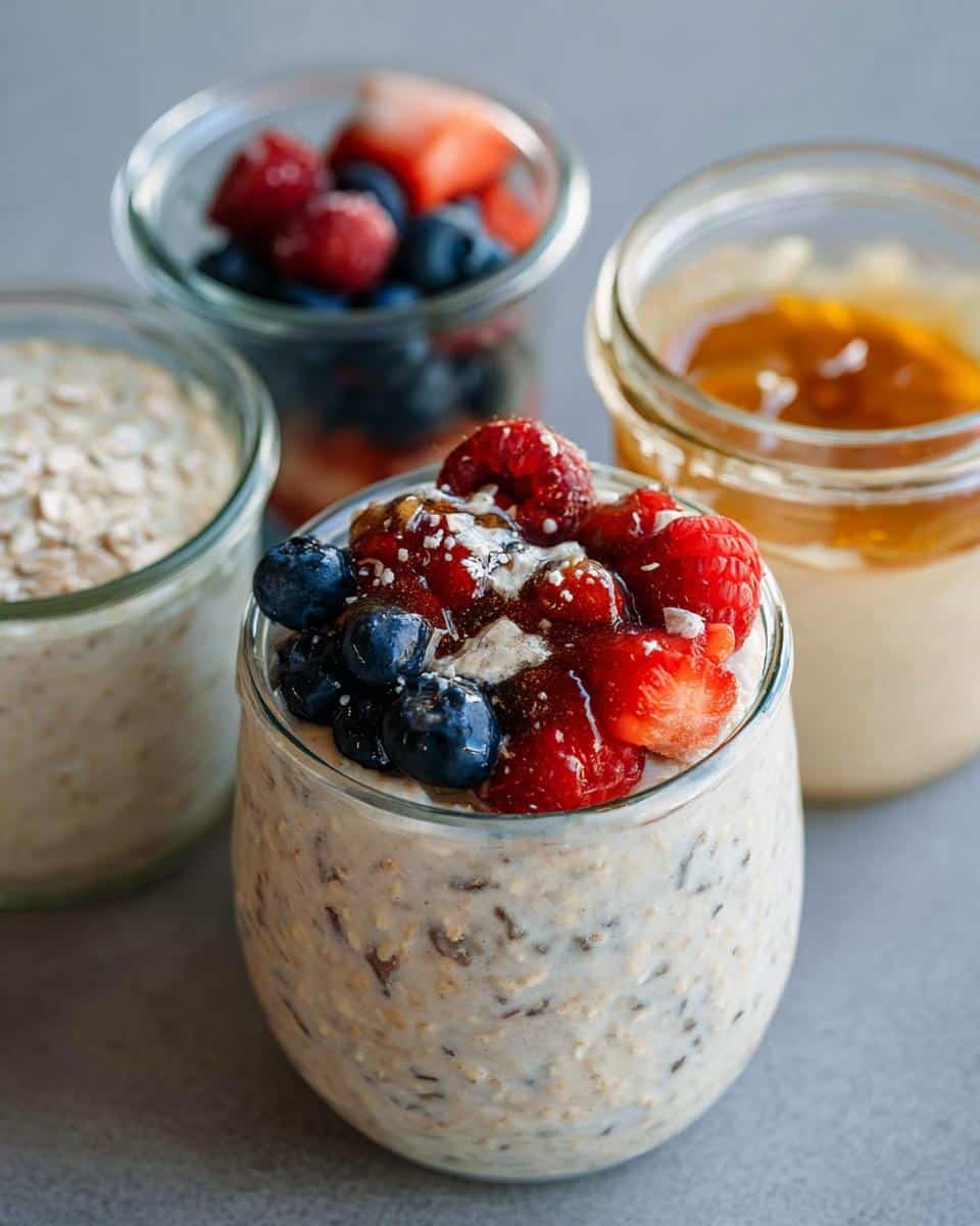 Close-up of berry topped High-Protein Overnight Oats in a glass jar, with other variations in the background.