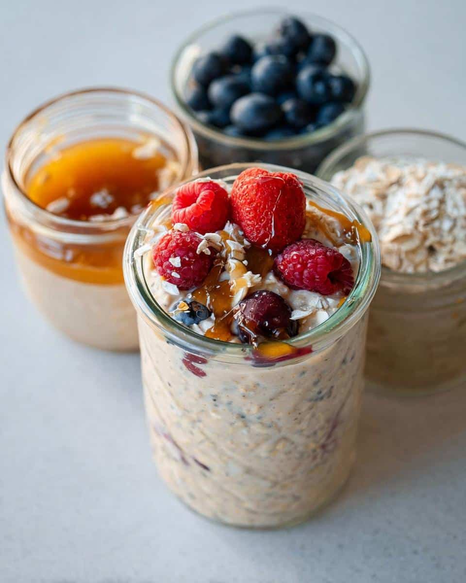 A glass jar filled with creamy High-Protein Overnight Oats, topped with fresh raspberries, blueberries, and a drizzle of syrup.