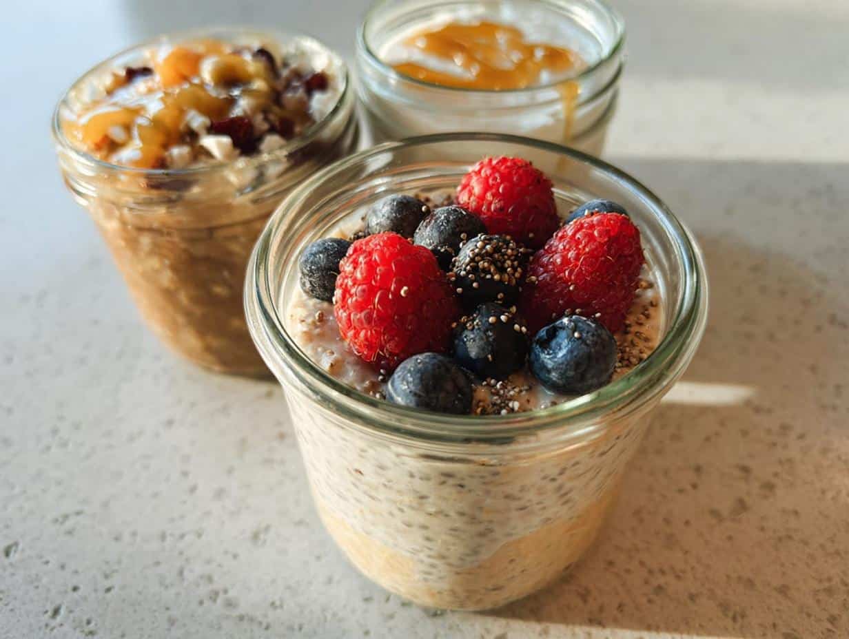 Three jars of High-Protein Overnight Oats, one topped with berries and chia seeds, ready for breakfast.