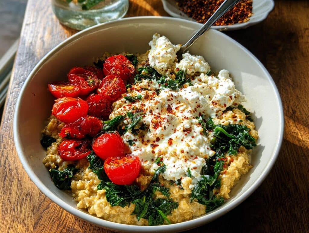 A bowl of High-Protein Savory Overnight Oats topped with ricotta cheese, wilted spinach, and roasted cherry tomatoes.