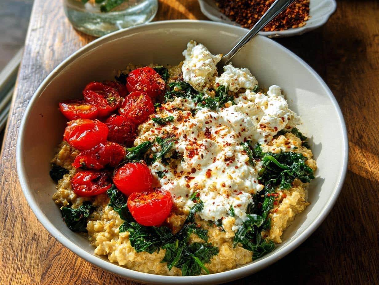A bowl of High-Protein Savory Overnight Oats topped with ricotta cheese, wilted spinach, and roasted cherry tomatoes.