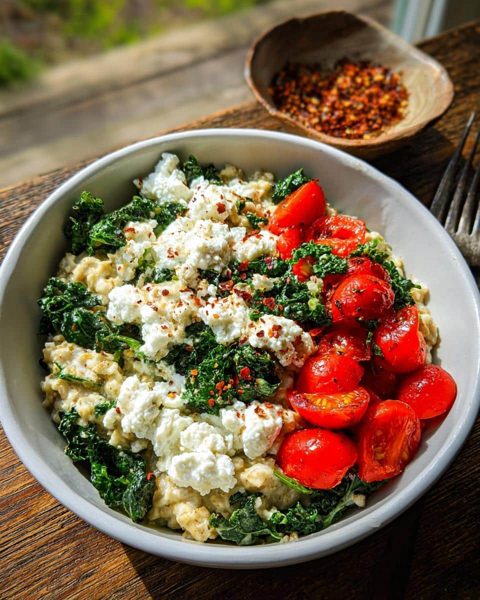 Bowl of High-Protein Savory Overnight Oats topped with feta cheese, kale, and roasted cherry tomatoes.