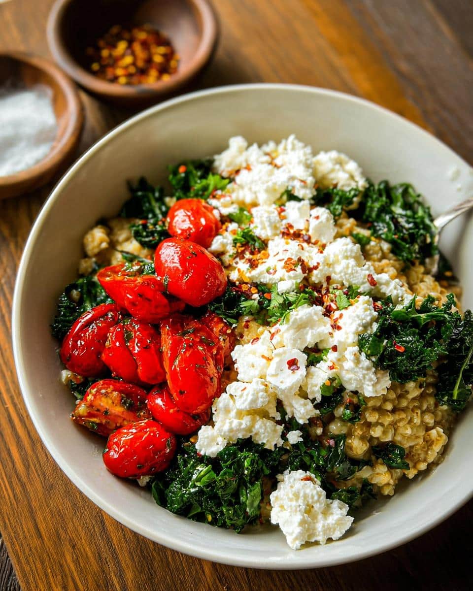 A bowl of High-Protein Savory Overnight Oats topped with roasted tomatoes, kale, and crumbled feta cheese.
