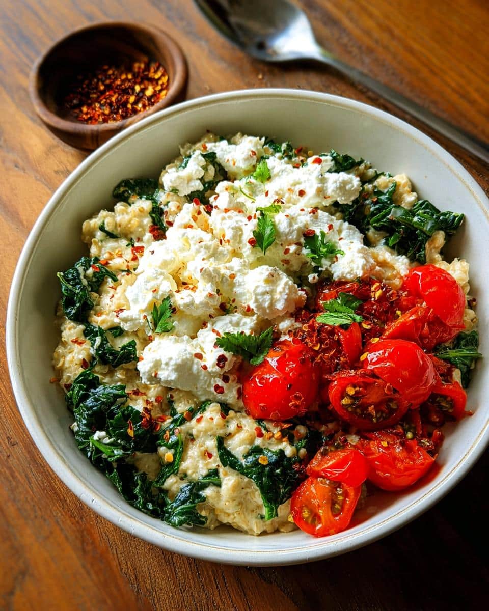 A bowl of High-Protein Savory Overnight Oats topped with cottage cheese, wilted spinach, roasted cherry tomatoes, and chili flakes.