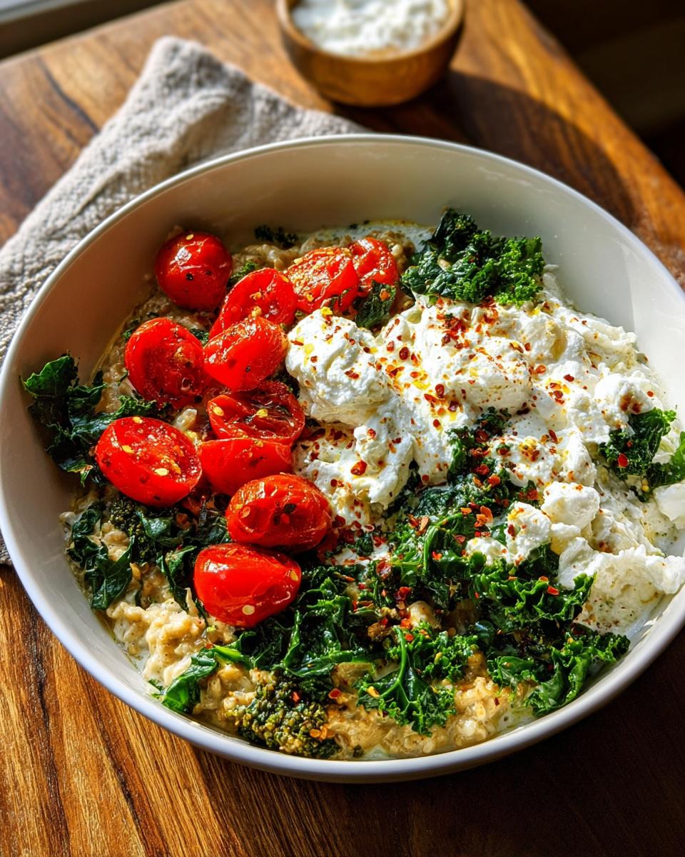 Bowl of High-Protein Savory Overnight Oats topped with roasted tomatoes, kale, and ricotta cheese.