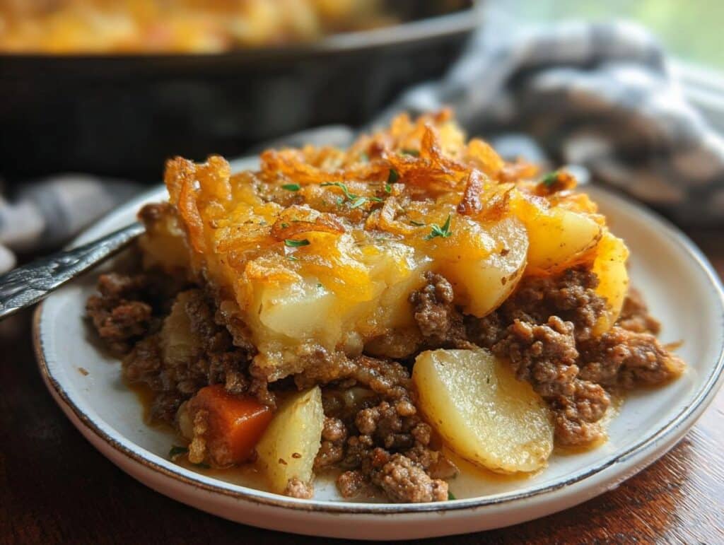 A close-up serving of Hobo Casserole with Ground Beef and Potatoes, topped with melted cheese and crispy onions.