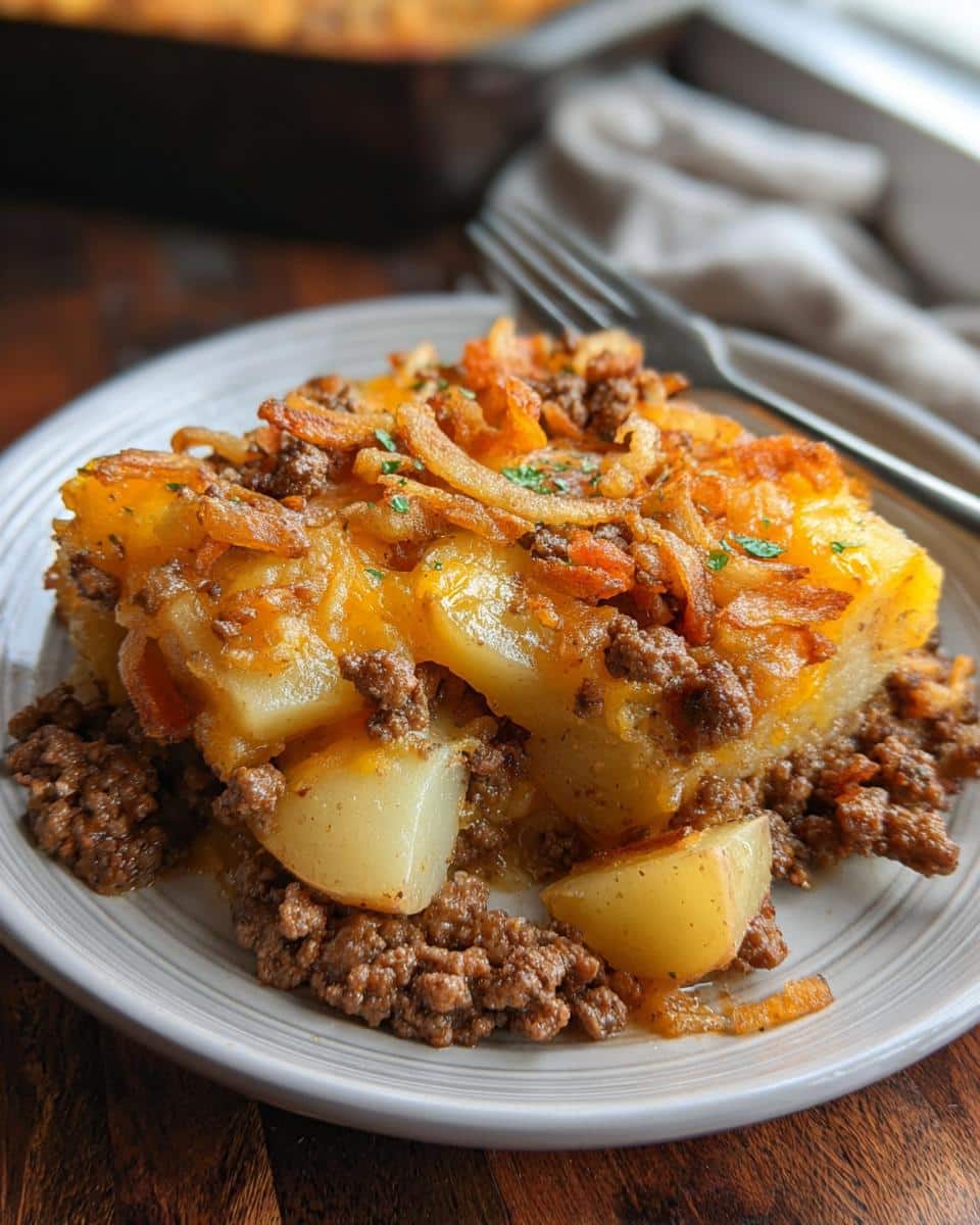 A hearty serving of Hobo Casserole with Ground Beef and Potatoes, topped with melted cheese and crispy onions.