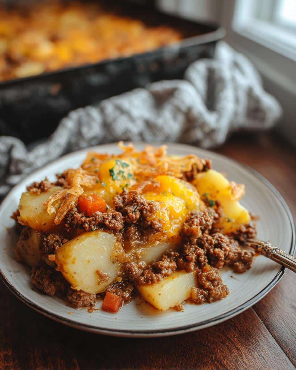 A close-up serving of Hobo Casserole with Ground Beef and Potatoes, topped with melted cheese and crispy onions.