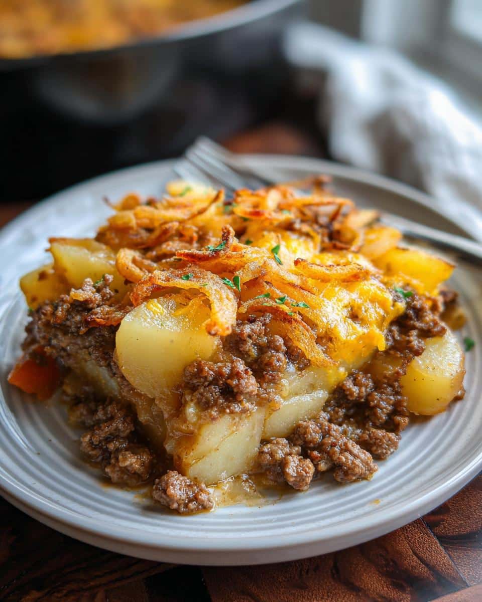A hearty serving of Hobo Casserole with Ground Beef and Potatoes, topped with melted cheese and crispy fried onions.