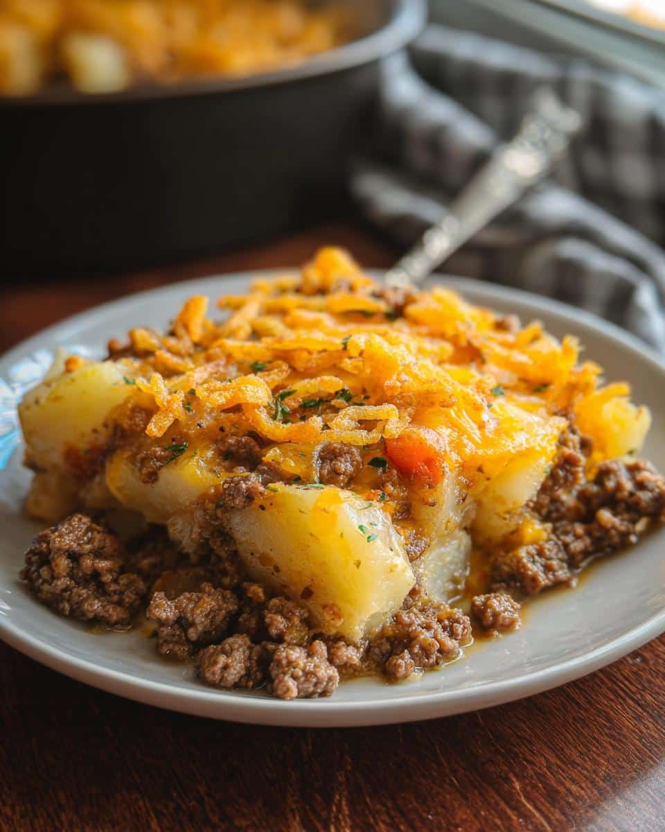A hearty serving of Hobo Casserole with Ground Beef and Potatoes topped with melted cheese and crispy onions.