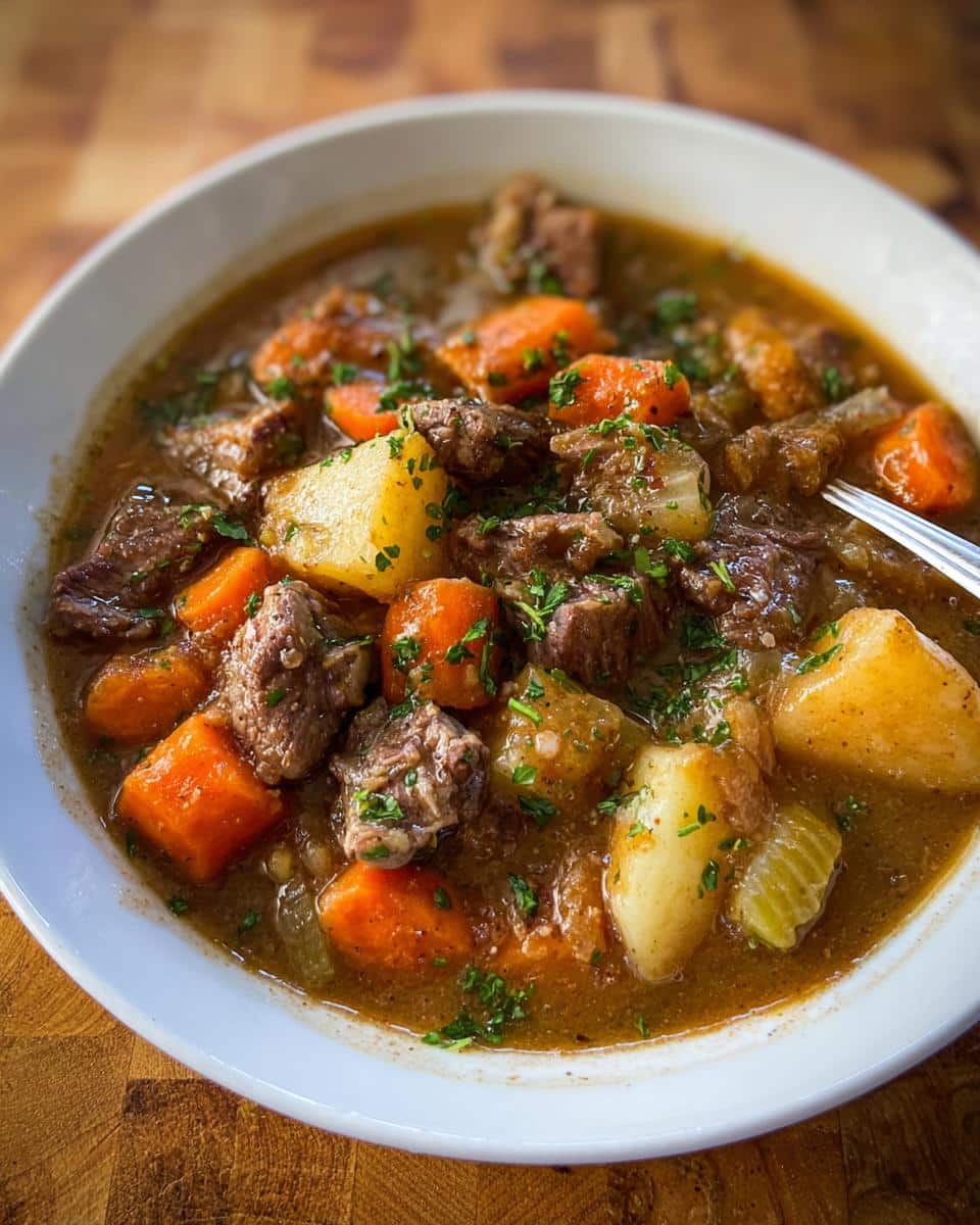 Close-up of a white bowl filled with rich Homestyle Beef Stew featuring chunks of beef, carrots, and potatoes, garnished with parsley.