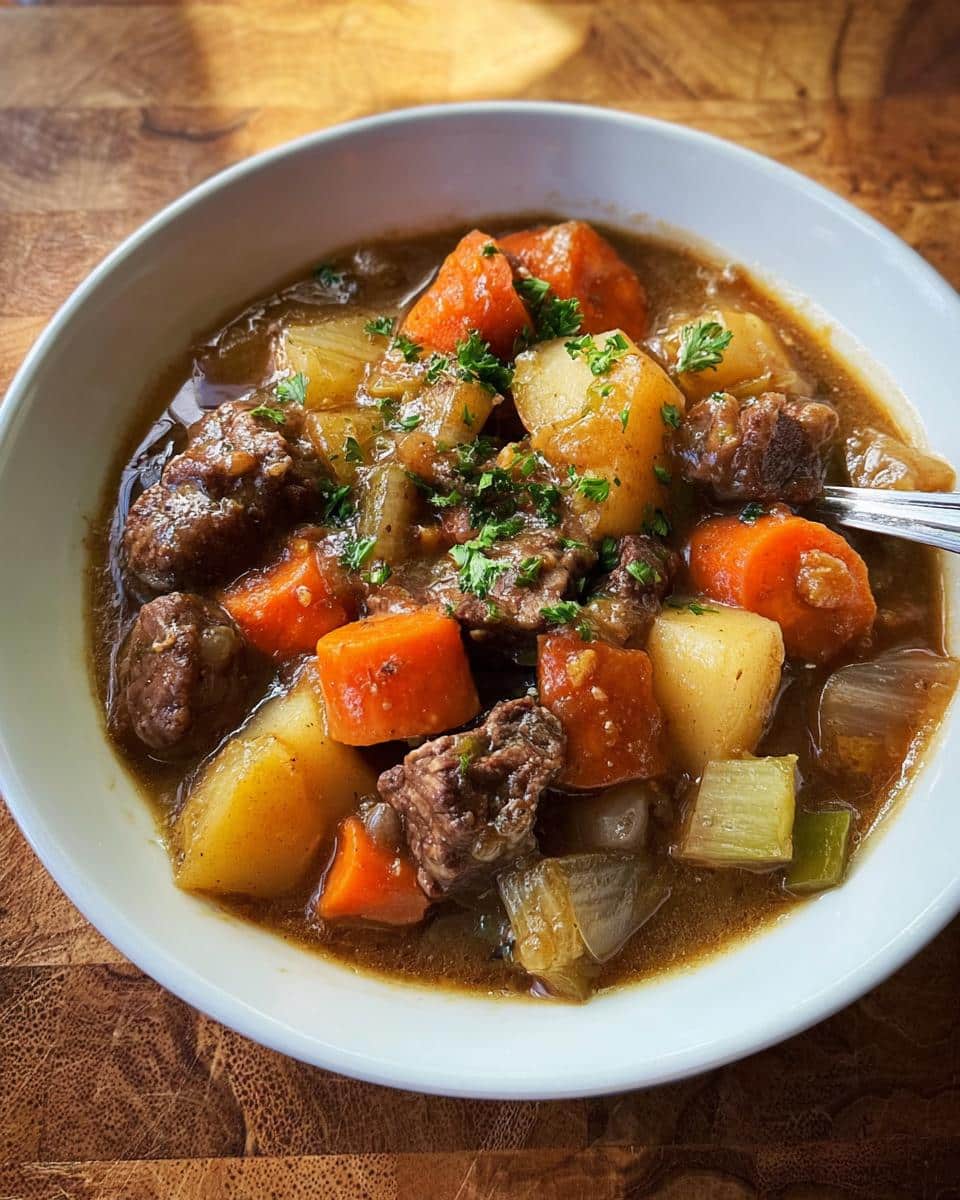 A close-up of a white bowl filled with rich Homestyle Beef Stew featuring chunks of beef, carrots, potatoes, and celery, garnished with parsley.