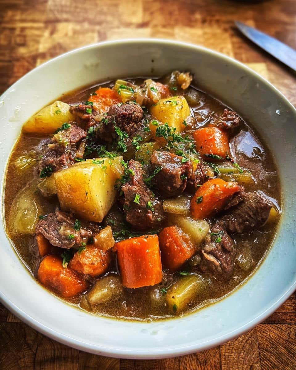 A close-up of a white bowl filled with rich Homestyle Beef Stew featuring chunks of beef, large carrots, and potatoes, garnished with parsley.