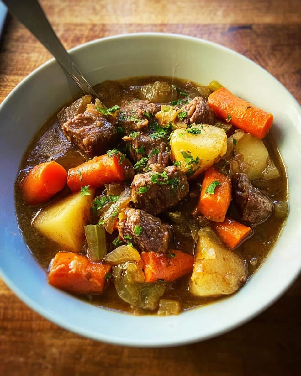 Close-up of a bowl filled with rich Homestyle Beef Stew featuring chunks of beef, carrots, and potatoes, garnished with parsley.