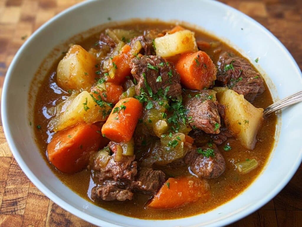 A close-up view of rich, savory Homestyle Beef Stew featuring tender beef chunks, large carrots, and potatoes in a thick brown broth, garnished with parsley.